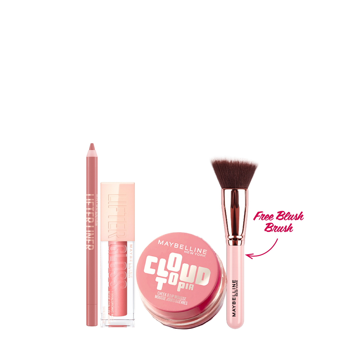 Maybelline NY Cloudtopia Lip & Cheek + New York Lifter Gloss + Lifterliner Lip Pencil + Free Gift - Maybelline Concealer Brush